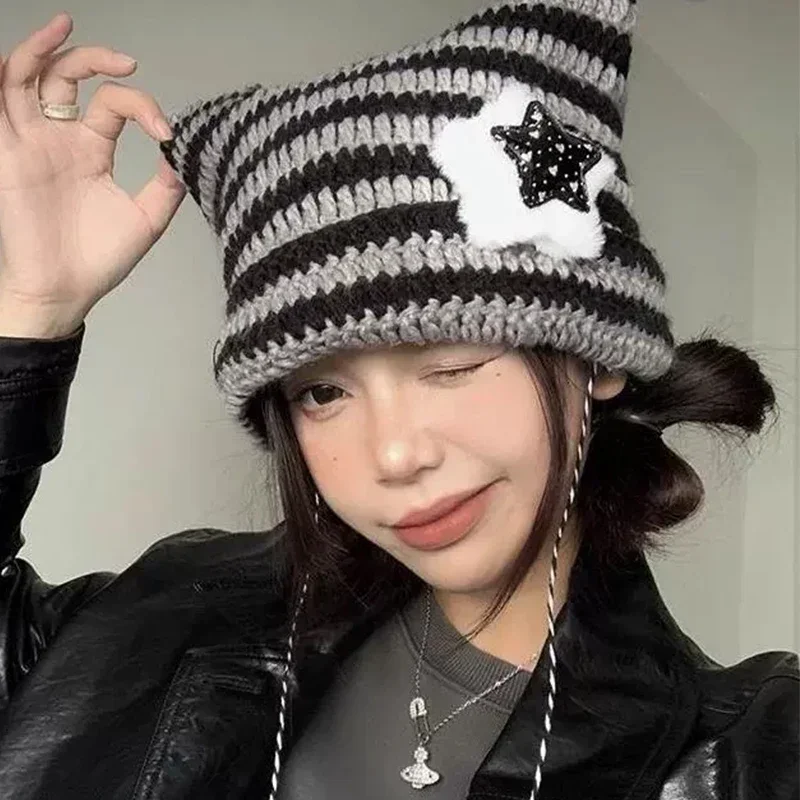 2024 New Japanese Streetwear Harajuku Beanie Little Devil Striped Knitted Hat Women Girls Autumn Winter Cute Cat Ears Hat