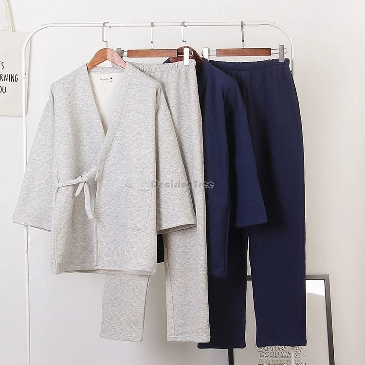 

2025 осень-зима, мужские пижамы в японском стиле, рубашки с длинными рукавами, длинные брюки с хлопковой подкладкой, комплекты из 2 предметов, домашняя одежда и халаты