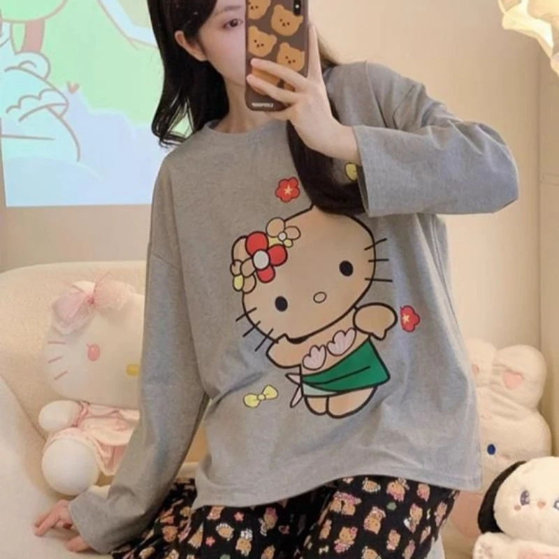 Sanrios Cartoon Printed HelloKitty Cute Pajamas for Women in Autumn New Gray KTCat Long Sleeved Home Clothing Set Girl Gift