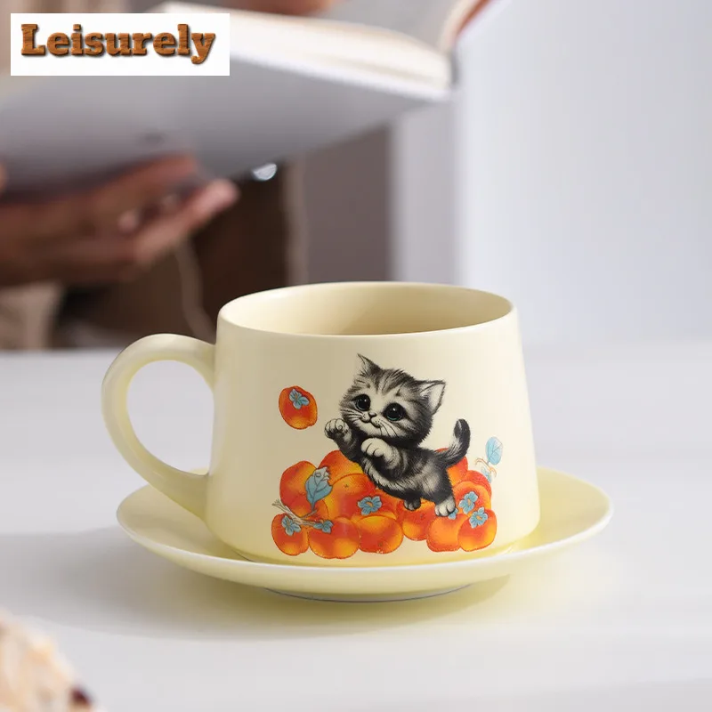 

280ML Hand Drawn Persimmon Cat Coffee Mug With Plate Cappuccino Latte Cup Afternoon Tea Mug Household Cup Saucer Kit Tableware