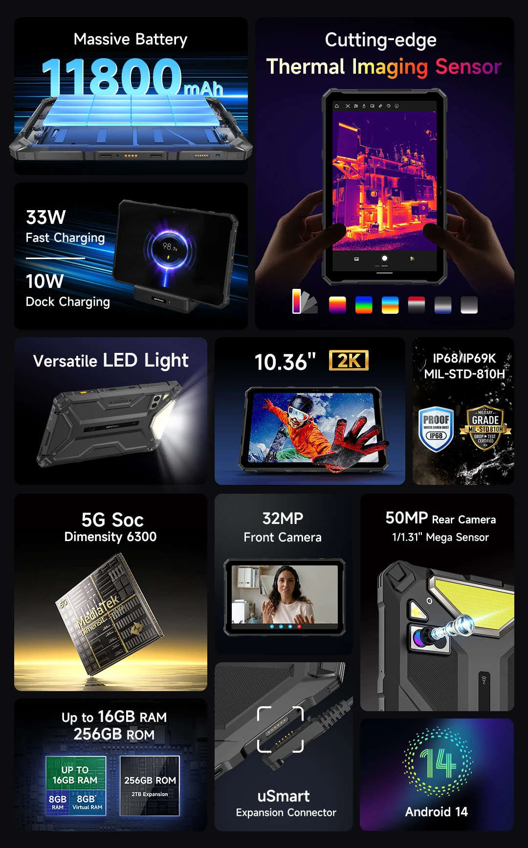 Ulefone Armor Pad 4 Ultra 5G Rugged Tablet Thermal Imaging 10.36' 2K Up to 16GB RAM 256GB ROM 11800 mAh Battery Android Global