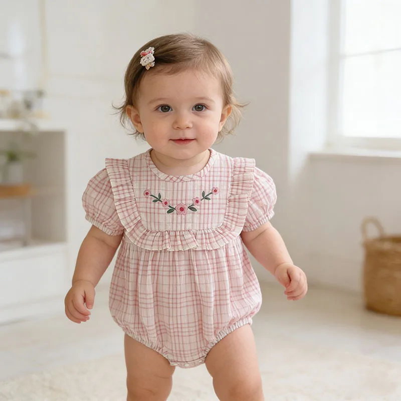 Girls Onesie 2026 Spring and Summer New Childrens Clothing Korean Style Baby Sweet Plingham Embroidery Short-sleeved Fart Jacket
