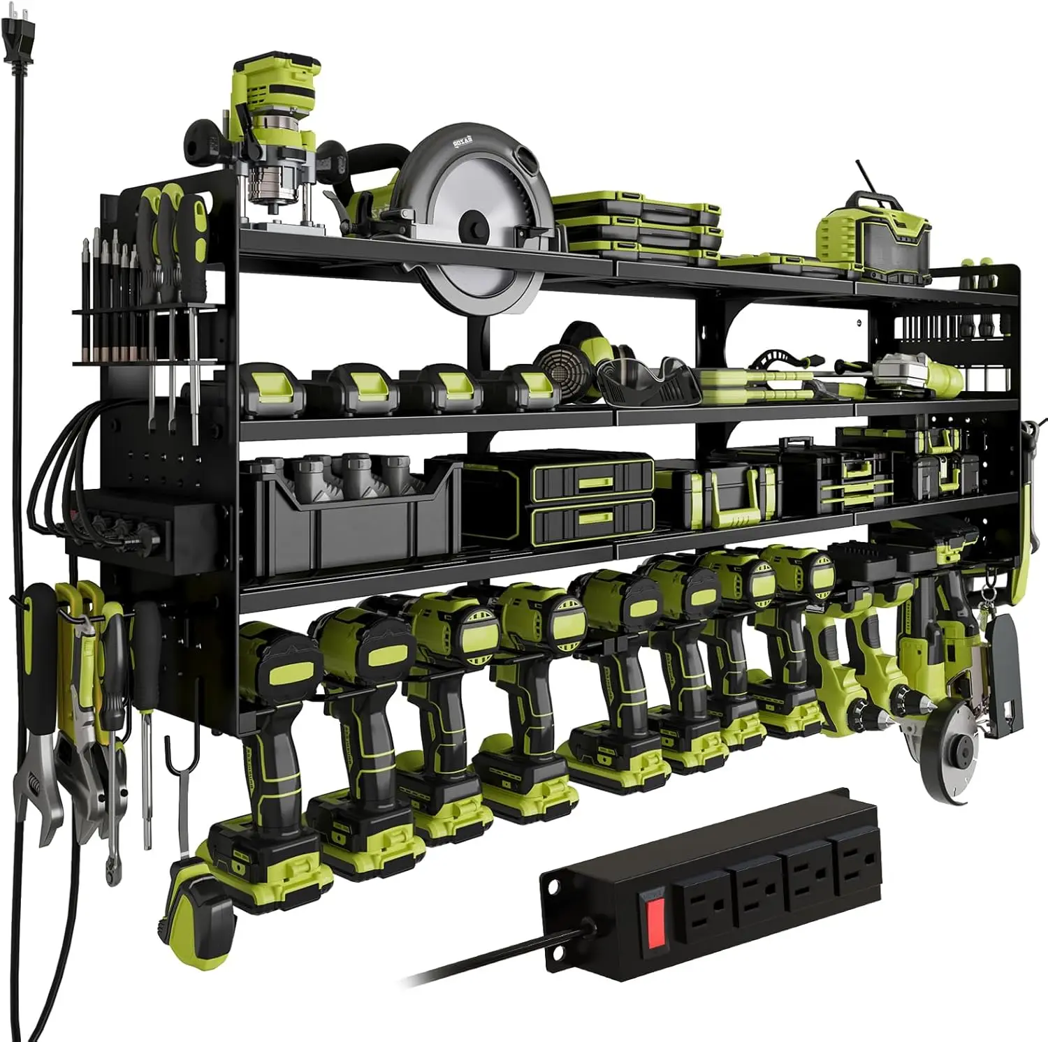 

12-Slot Cordless Drill Holder with Side Pegboard & Screwdriver Rack, 4-Tier Heavy Duty Metal Tool Storage with Power Strip