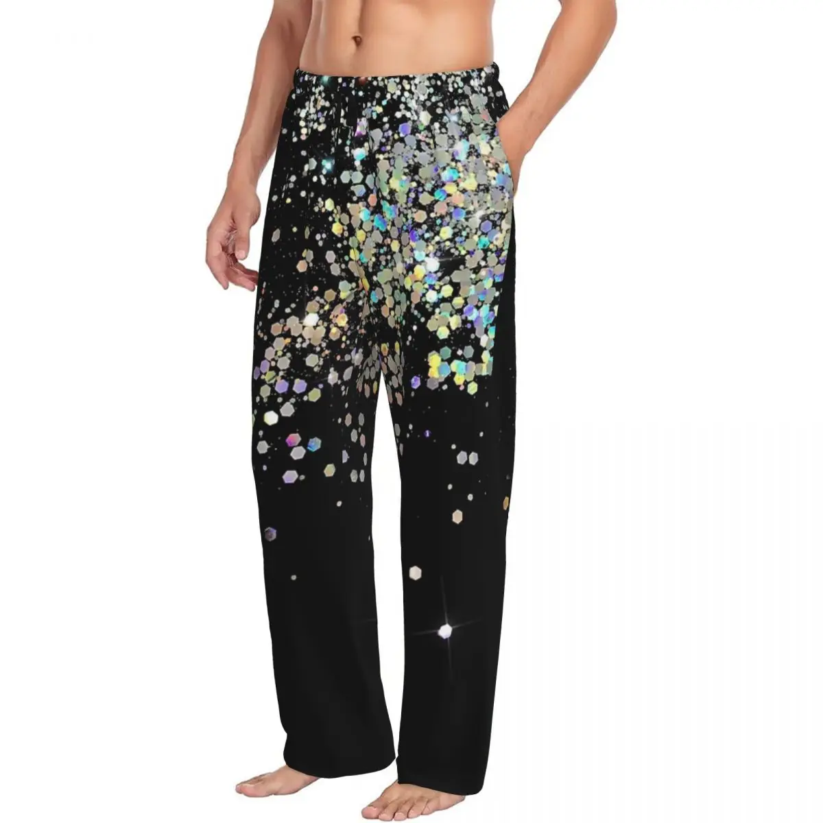 Custom Black And Holographic Sparkle Pajama Pants Men Sleepwear Sleep Lounge Bottoms with Pockets