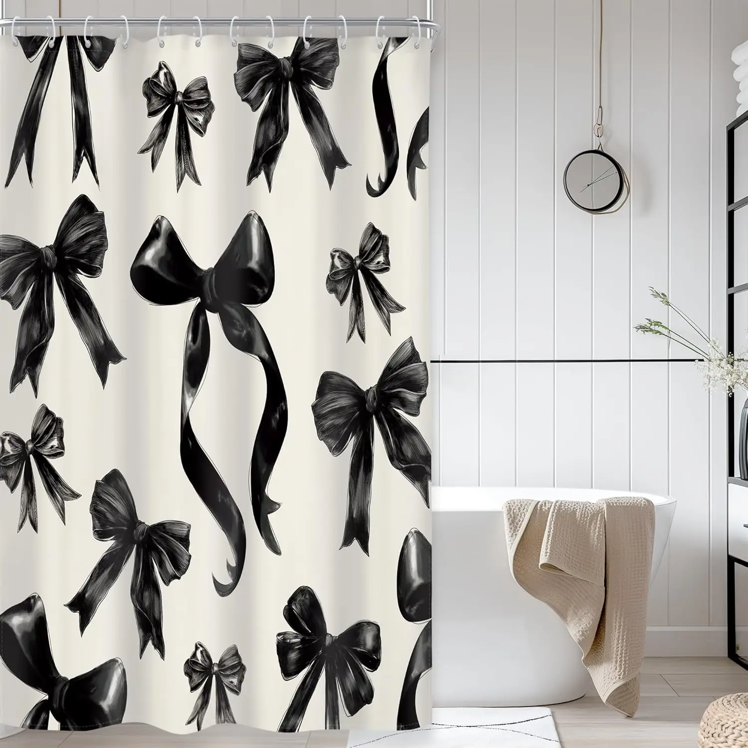 ブラックボウシャワーカーテン-エレガントレトロプレッピーデザイン-シックガーリーパターン-女の子-女性用-モダンなバスルーム装飾-フック付き
