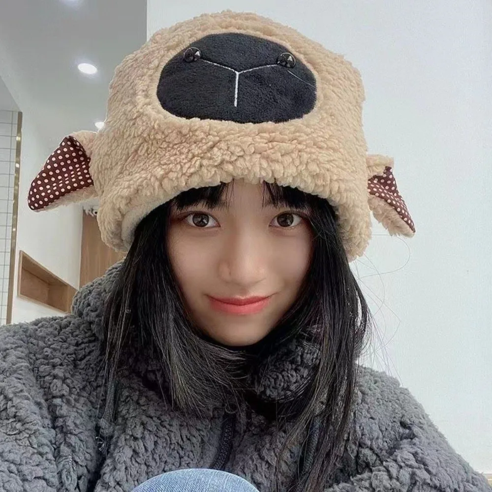 Casual Warm Winter Bucket Hat Fleece Lined Little Lamb Beanie Cap Soft Cartoon Fluffy Costume Hat for Women