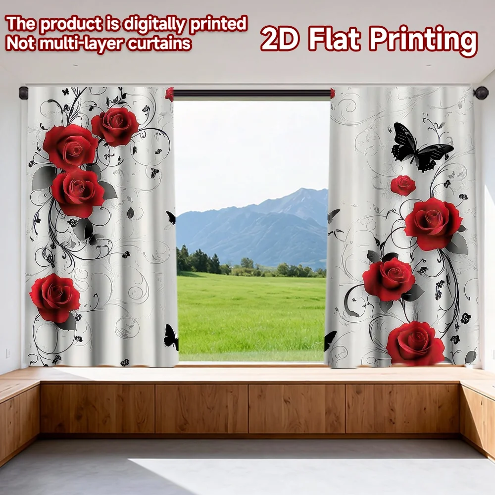 

2D flat printing 2pcs Party Window Curtains Valentine's Red Roses and Butterflies Digital Printed Polyester Drapes Holiday