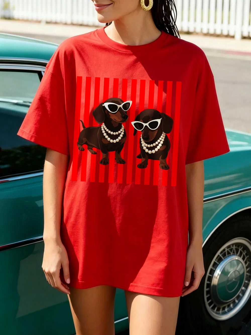 Pearl Dachshund Hundemotiv T-Shirts Baumwolle Damen Sommer Kurzarm T-Shirt Lässige Weiche Oversized Tops Basic O-Ausschnitt Kleidung – Detail 23
