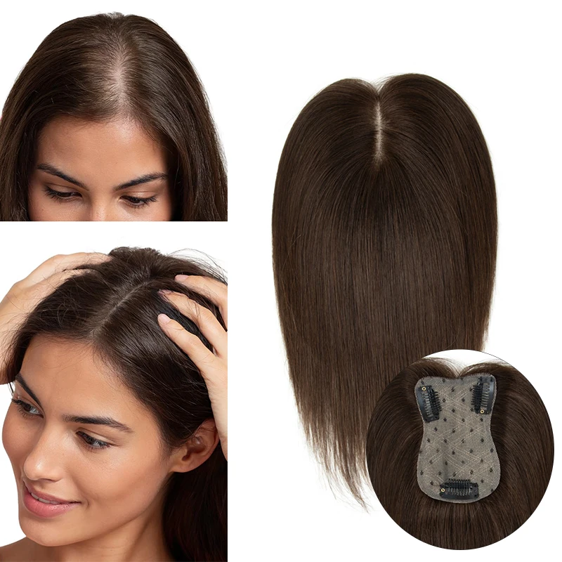 Human Hair Toppers For Women 7x11cm Mesh Base Ultra-thin 360°Cover Wide Hairpart/Grey Hair Highly Breathable Easy Install&Remove