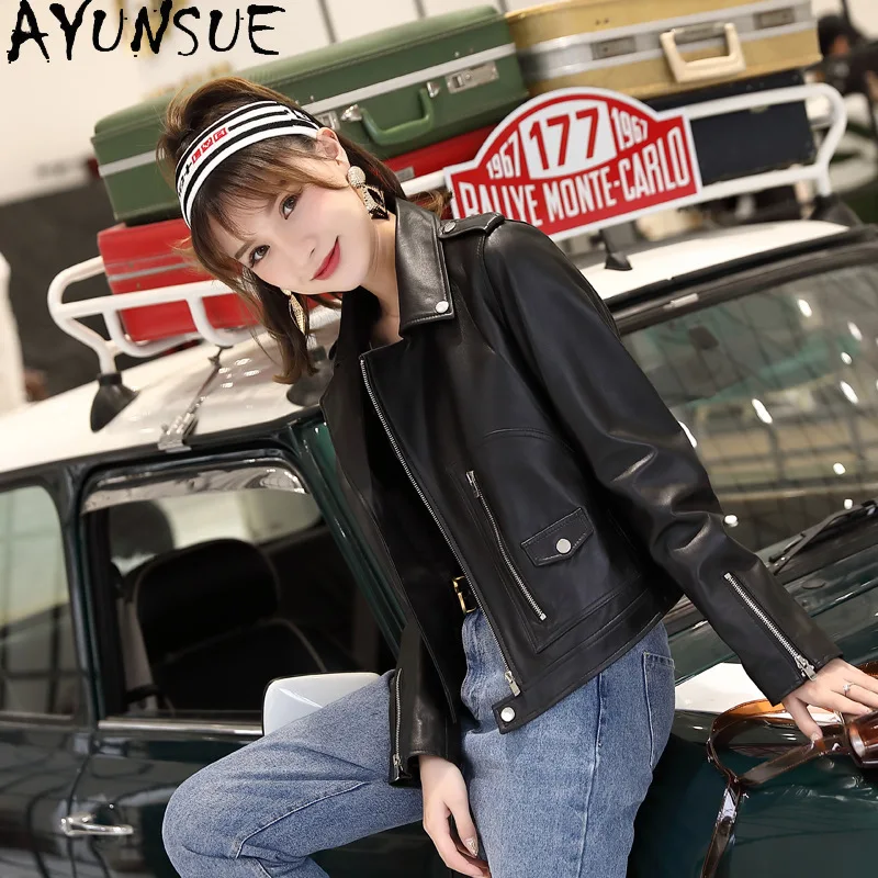 AYUNSUE chaqueta De cuero genuino para mujer, chaquetas De moto De piel De oveja auténtica, ropa De primavera, nueva ropa De abrigo, chaqueta De cuero