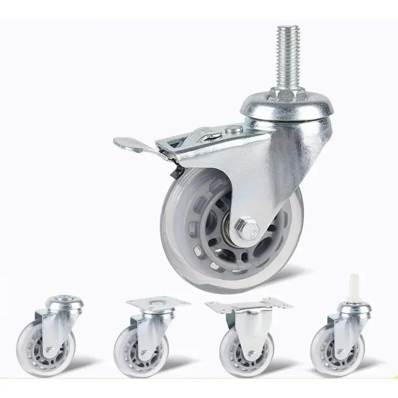 4 Pcs 3-Inch Threaded Stem Caster with Brake Transparent Soft Polyurethane Wheel for Medical Equipment Wear-Resistant & Silent