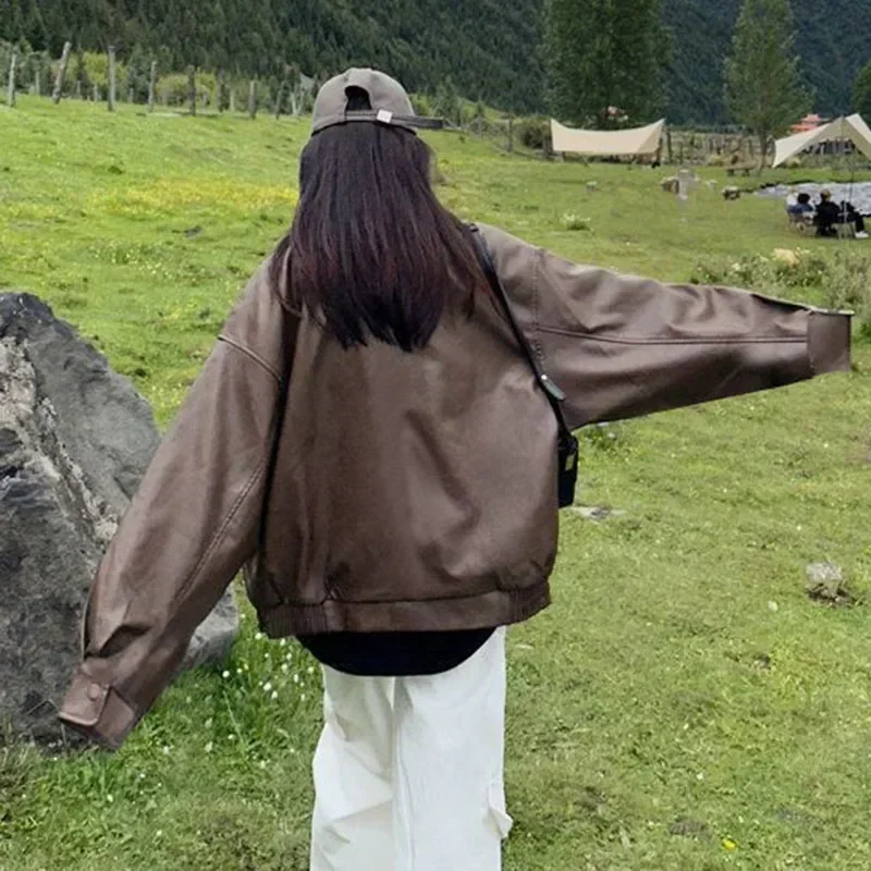 Gidyq-Chaqueta Vintage de Pu para mujer, ropa de calle de moda americana negra, abrigo de gran tamaño, chaqueta informal holgada de cuero sintético