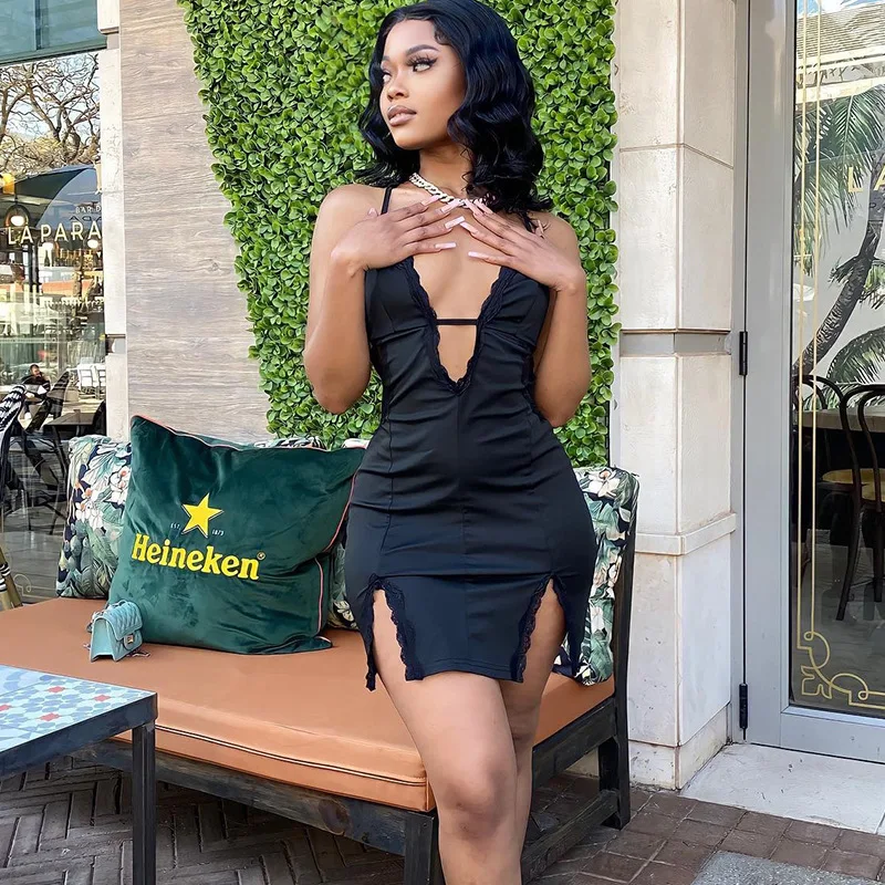فساتين قصيرة مثيرة للفتيات بحمالات رفيعة فساتين نسائية بفتحة رقبة شكل v عميقة بدون ظهر فستان بفتحة على الورك ملابس خروج للحفلات والنوادي #2