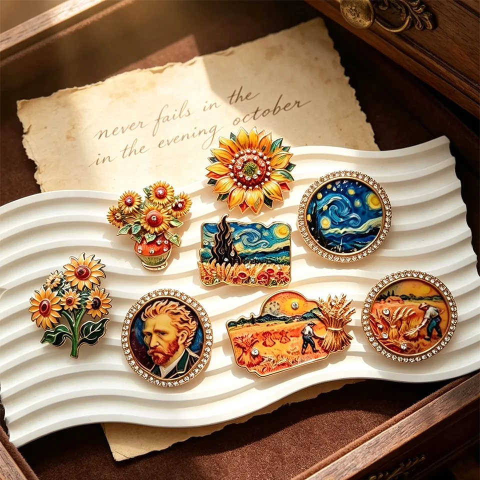 Vintage Famous Oil Painting Brooches for Women Unisex The Starry Night Sunflowers Iris and The Reaper Party Enamel Pin Badge