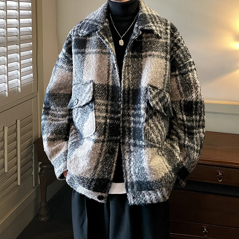 

Мужская шерстяная куртка в клетку на осень-зиму, повседневная, модная, трендовая, верхняя одежда из полиэфирного волокна, теплая, на пуговицах