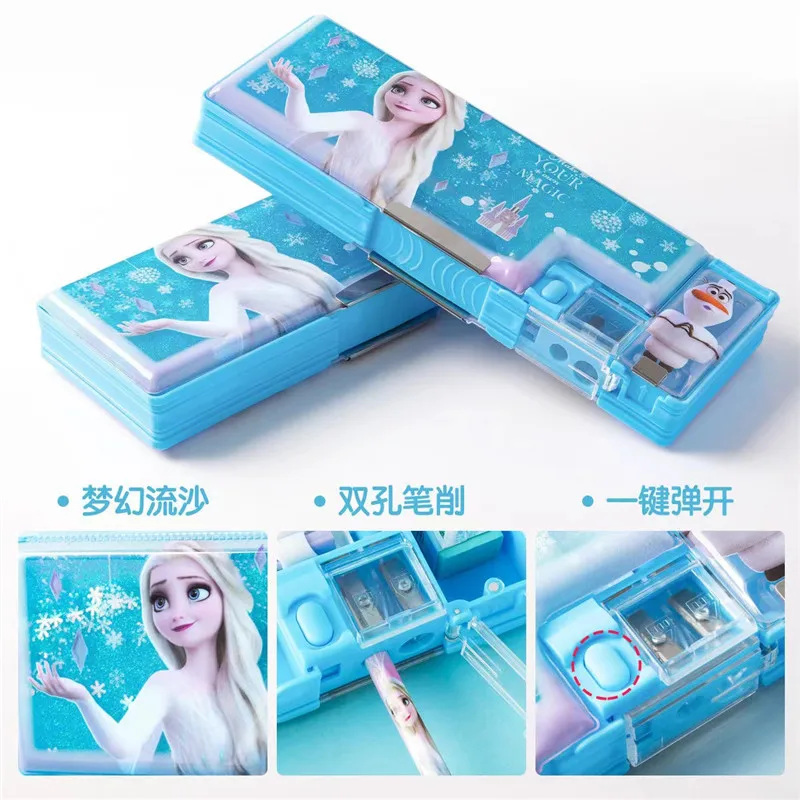 Scatola di cancelleria a due strati Frozen Princess Elsa Animazione Studente Scatola di penne multifunzionale di grande capacità Regalo di compleanno per bambini