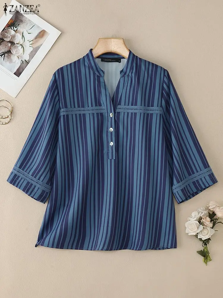 

Women's Lace Patchwork Striped Blouses Autumn Stand Collar 3/4 Sleeve Half-Button Casual Loose Tops ZANZEA Woman Clothes S-3XL