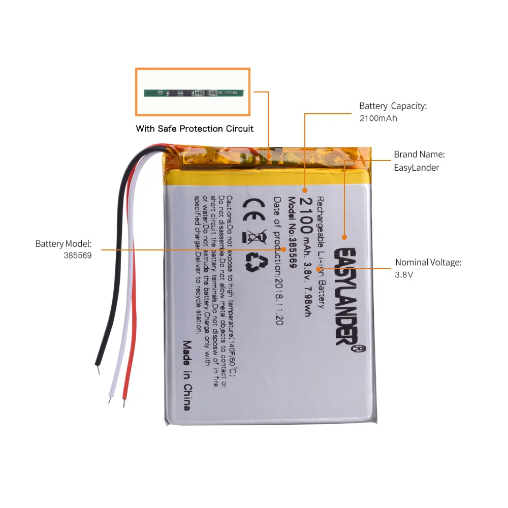 10 sztuk/partia 385569 405569 3.8V 2100mAh akumulator litowo polimerowy do telefonu komórkowego E-book Tablet PC DVD DVR GPS PSP PDA PAD MP5