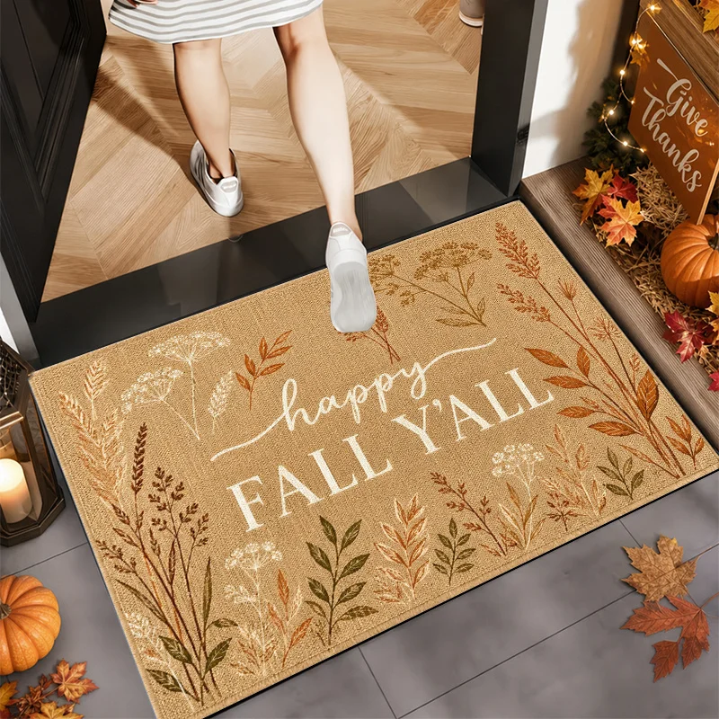 Earthy Happy Fall Y All Botanical Herb Wheat Print Durable Washable Doormat For Rustic Autumn Season Front Doorway Theme