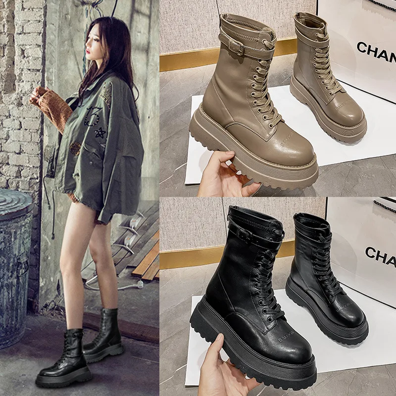 

Женские ретро-ботинки до середины икры, мотоциклетные, с двойной молнией, высокие, модные, в корейском стиле, летние