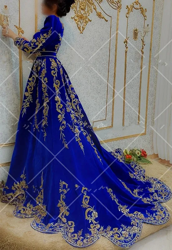 Royal Blue Long Sleeves Evening Dresses Moroccan Kaftan Formal Party prom Gowns Gold Lace Appliques Algerian Outfits Karakou