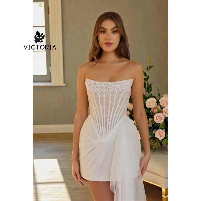 Customized White Wedding Dress Strapless Pearl Beaded Corset Tulle Short Bridal Gown With Draped Skirt Elegant Mini 2027