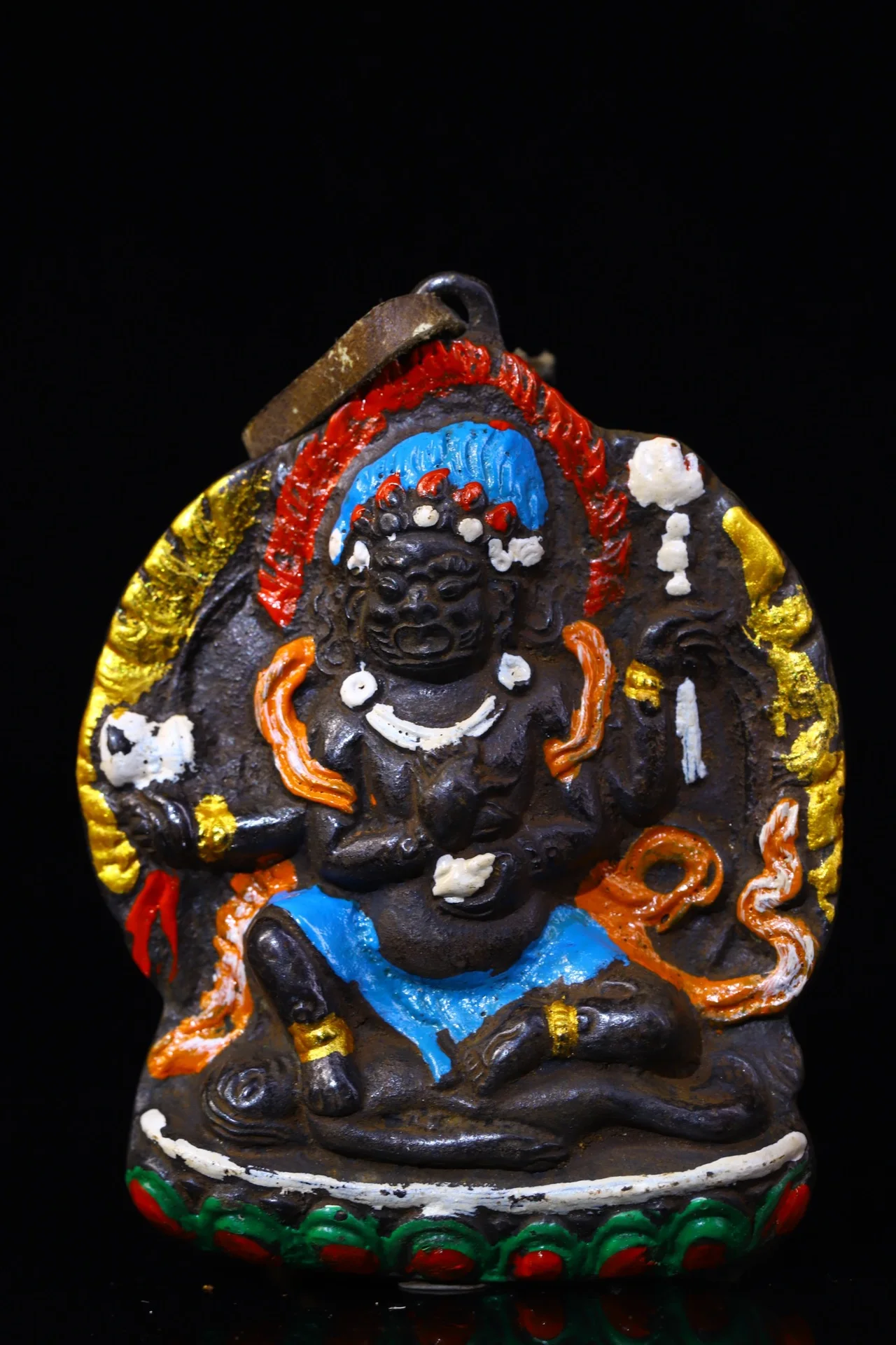 

4"Tibetan Temple Collection Old Bronze Painted Four Arm Mahakala Buddha Pendant Buddha Card Amulet Town house Exorcism