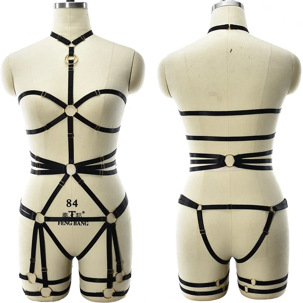 Women Goth Bodysuit Black Collar Body Harness Open Chest Harness Bra Bondage Garter Belt  Sexy Lingerie Sexy Costumes Suspender