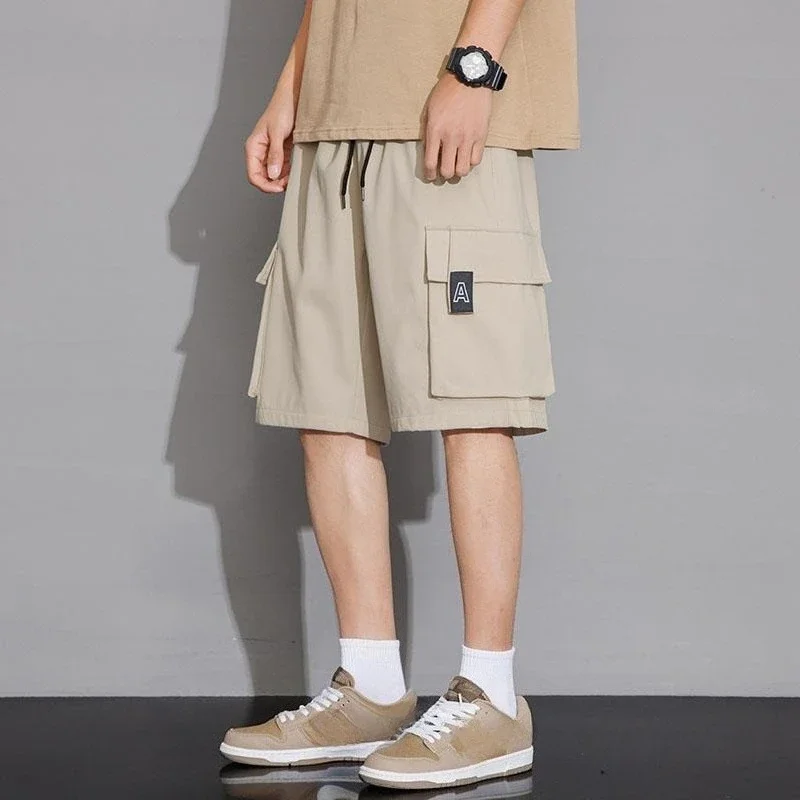 

Мешковатые широкие мужские шорты-карго с карманами, однотонные короткие брюки на шнуровке для мужчин, свободные выше колена с эластичной резинкой на талии Hevy Whate Y2k