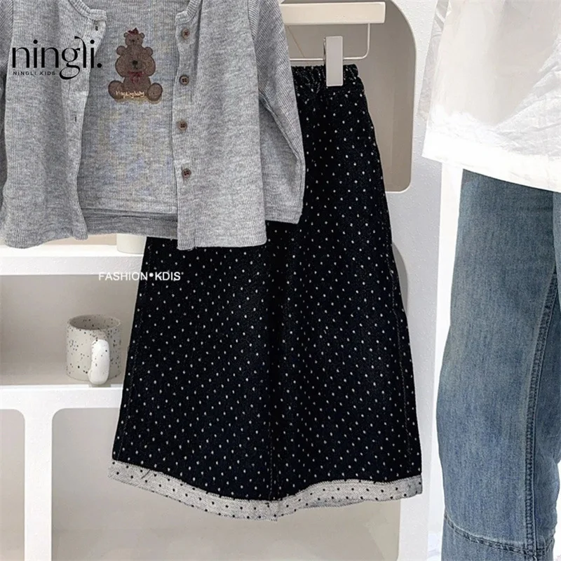 NL-Girls' Suit Autumn New Western Style Children's Knit Cardigan Vest All-Matching Polka Dot Spring and Autumn Three-Piece