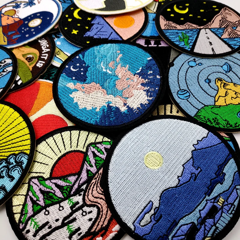 UFO Landscape Explore Embroidered Applique Patches Fabric Garment Apparel Clothing Accessories Embroidery Badges Sunset