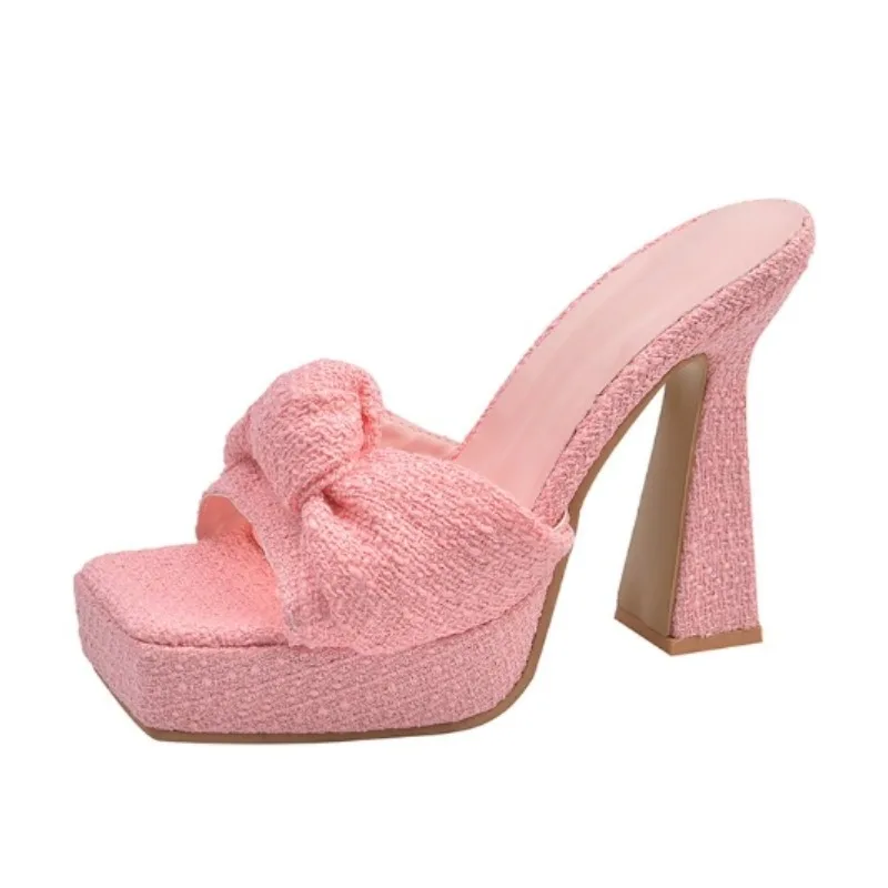 New Style Fashion Chunky Platform Woman Slippers Butterfly-knot Open Toe Wedding Banquet Sandals Extreme High Heels Slide Shoes