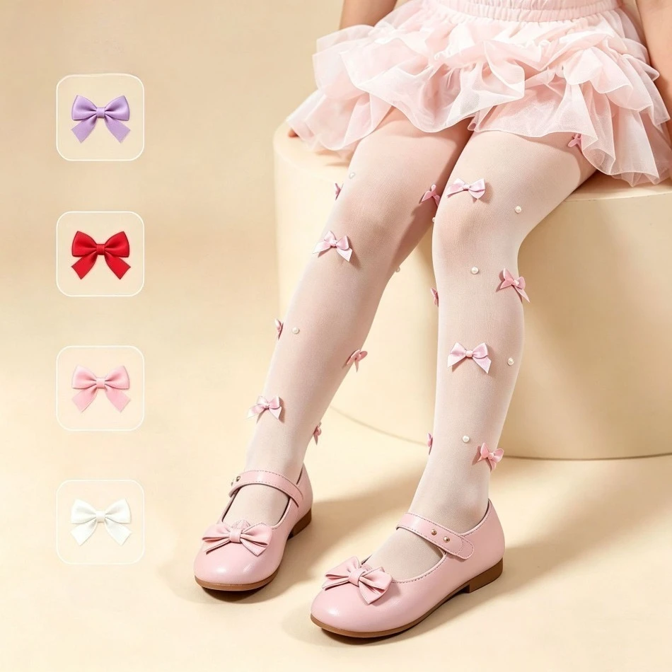 Girls Sheer Tights 3D Bow Pearl Decor Elegant Soft Stretchy Kids Flower Girl Ceremony Birthday Party Princess Dress Socks XH42