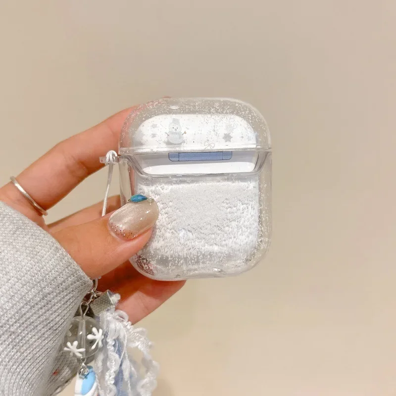 Custodia carina con pupazzo di neve con sabbia che scorre per AirPods 4 Airpod 1 2 3 Pro Pro2 Auricolari Bluetooth Scatola di ricarica Custodia protettiva per auricolari