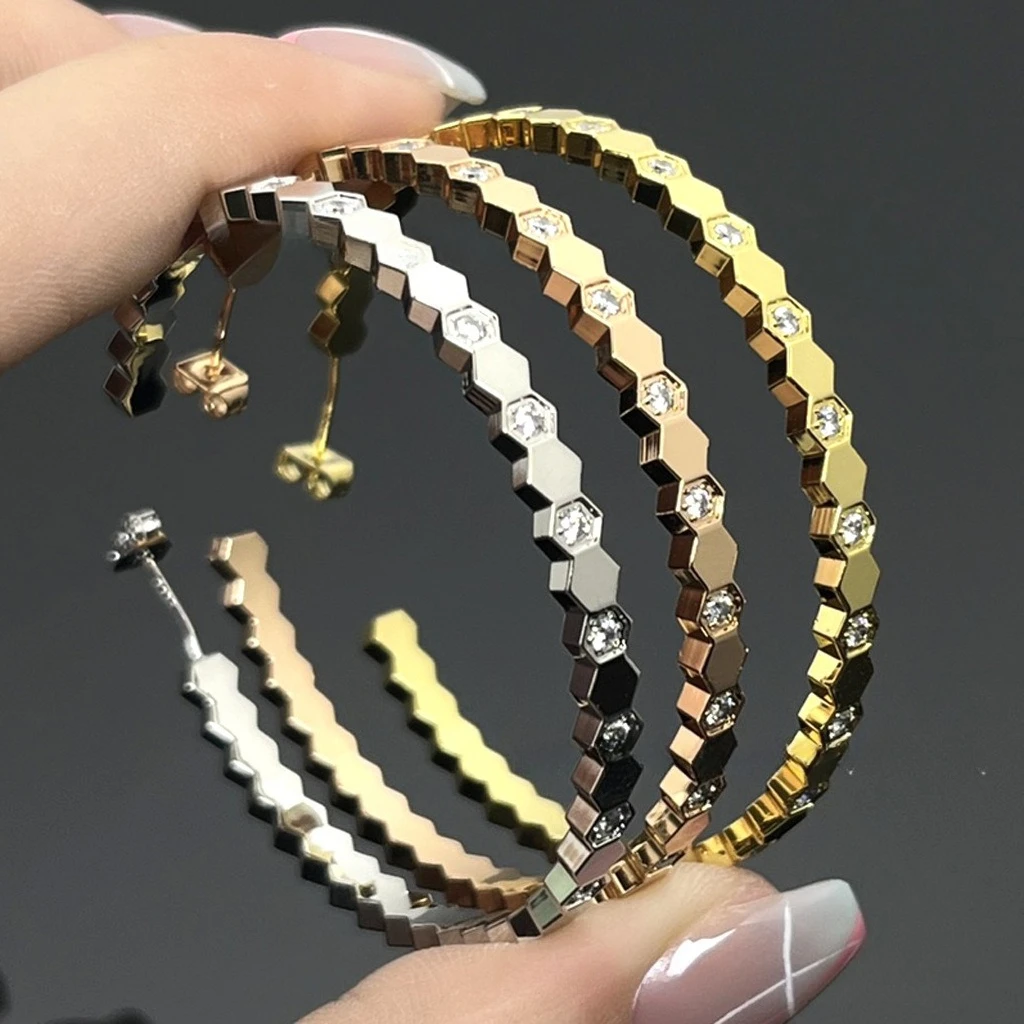 

KAMELIYA S925 Sterling Silver Honeycomb Stud Earrings for Women Zircon Hexagon Hoop Earrings Party Rose Gold Plated Fine Jewelry