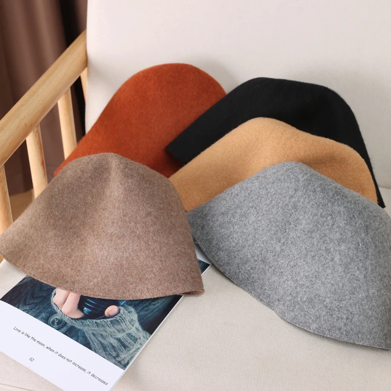 100%Pure Wool Women\'s Bucket Hat Korea Fashion Vintage Fisherman Panama Cap Autumn Winter Warm Soft  Foldable Wollen Chapeau