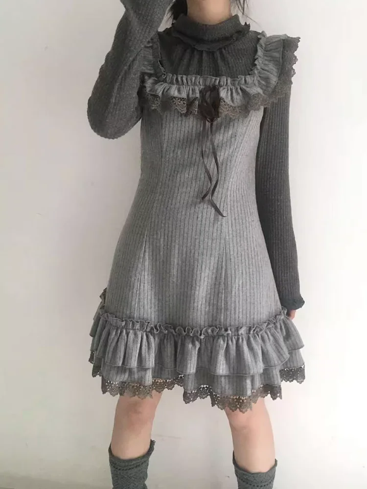 Heavy Embroidery Lace Flying Sleeve Dress Women's Autumn Winter Knitted Sweater Base Layer Floral  Woolen Coat Casual Style
