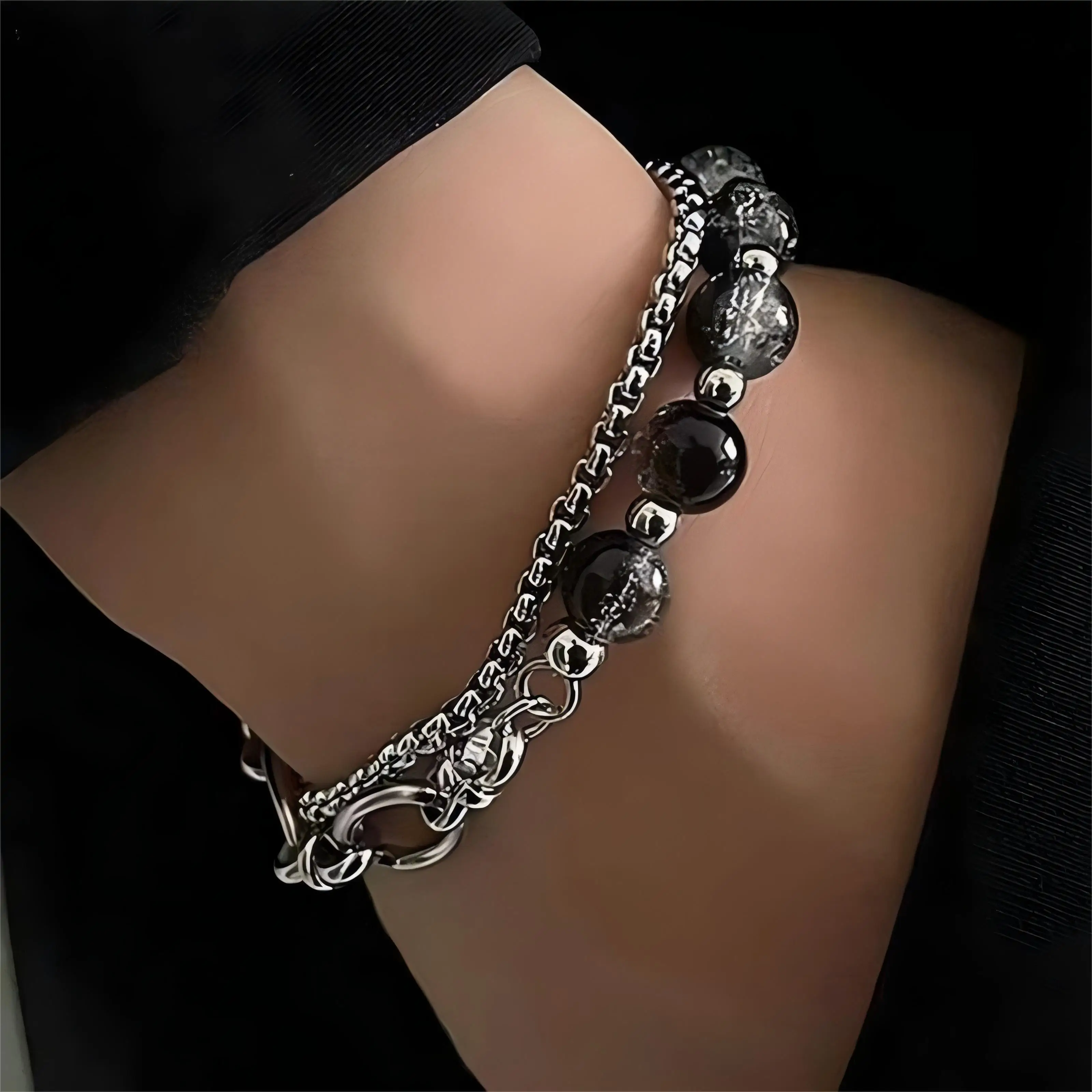 ZAKOL Trendy Ball Crystal Beaded Chain Bracelets For Women Men Black Link Metal Bangles Strand Wristlet Jewelry Gifts Festival