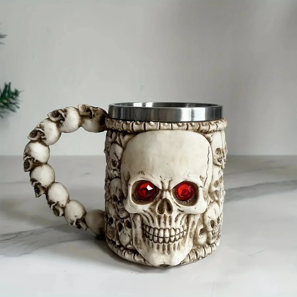 

1PC stainless steel red-eyed skull cup with Viking skull, Death Knight, Gothic design, coffee and beer glass, 400ml, decorated m