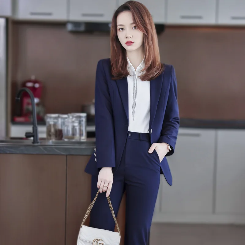 Long Sleeve Fashion Solid Color Goddess Style Elegant White Collar Black Formal Wear Business Wear Two-Piece Work Uniform