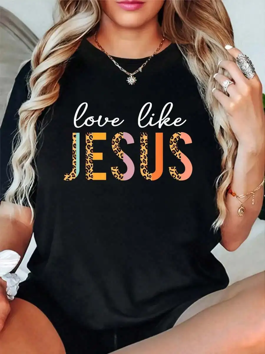 Unisex 100% Cotton Graphic T‑Shirt Love Like Jesus Leopard Heart Christian Faith Believer Print Crew Neck Short Sleeve Religious Casual Everyday Outfit Tee