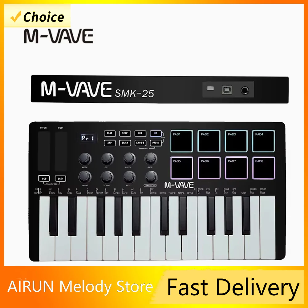 M-VAVE أسود 25-مفتاح MIDI لوحة مفاتيح تحكم صغيرة USB لوحة المفاتيح مع 25 مفتاحًا حساسًا للسرعة 8 وسادات بإضاءة خلفية RGB #2