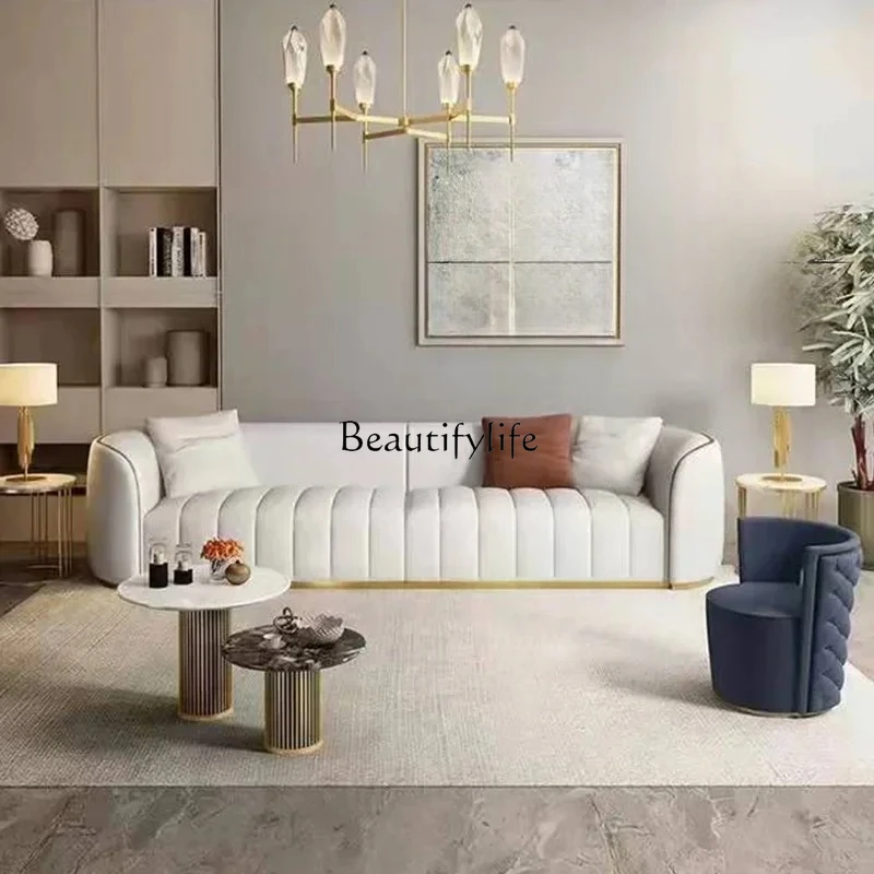

American-style Light Luxury Living Room Three-seater Sofa and Coffee Table Set Furniture Same Style Solid Wood Leather Sofa