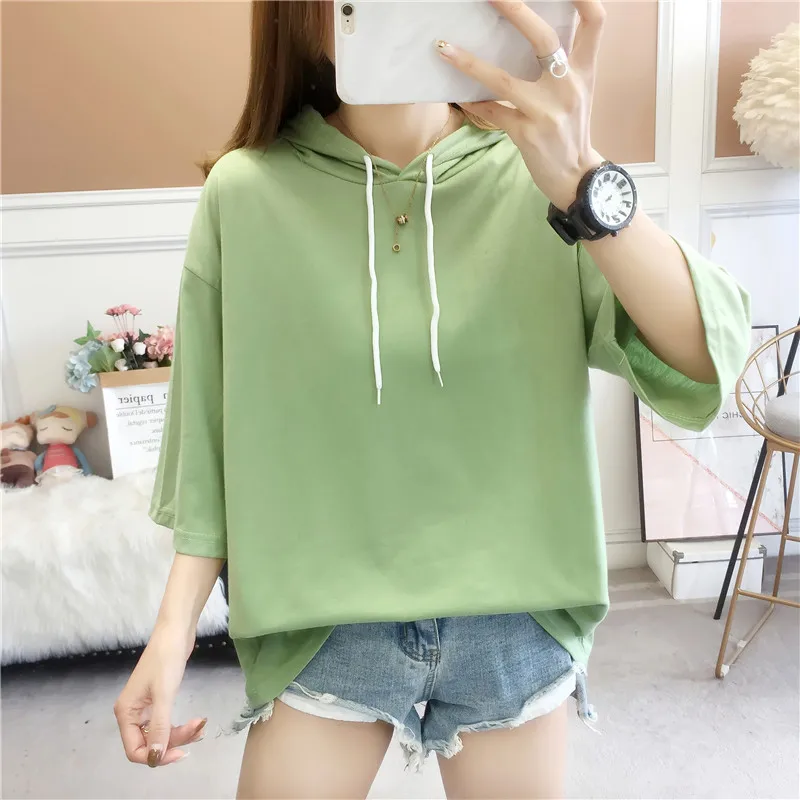 

Korean solid Loose basic hooded t shirt summer cotton Short Sleeve T-shirts Women casual white tops tshirt young girl streetwear