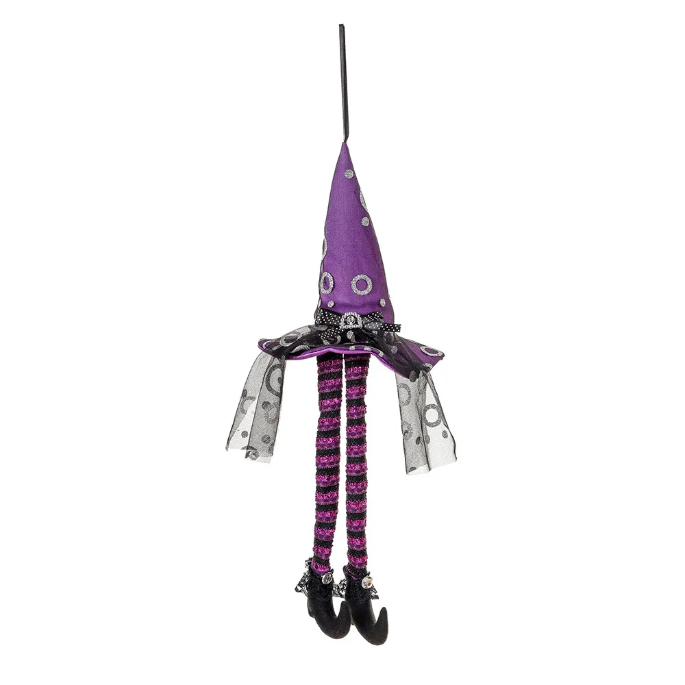 Glowing Long Leg Witch Hanging Ornament Spooky Striped Long Legs Halloween Witch Hat with Light Curved Black Boots Witch Theme