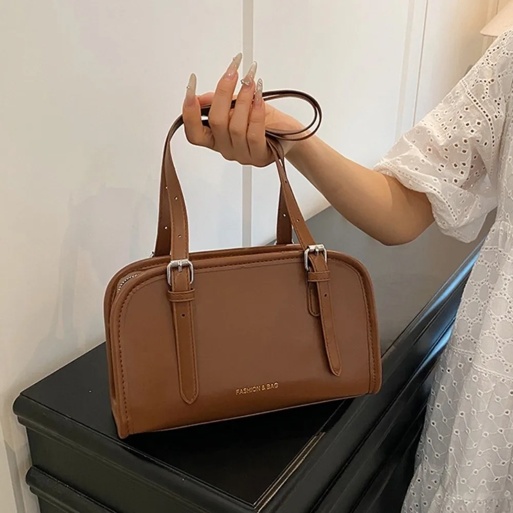 

Leisure Korean Style Boston Bag Large Capacity Underarm Single Shoulder Bag Vintage Simple PU Leather Handbag School