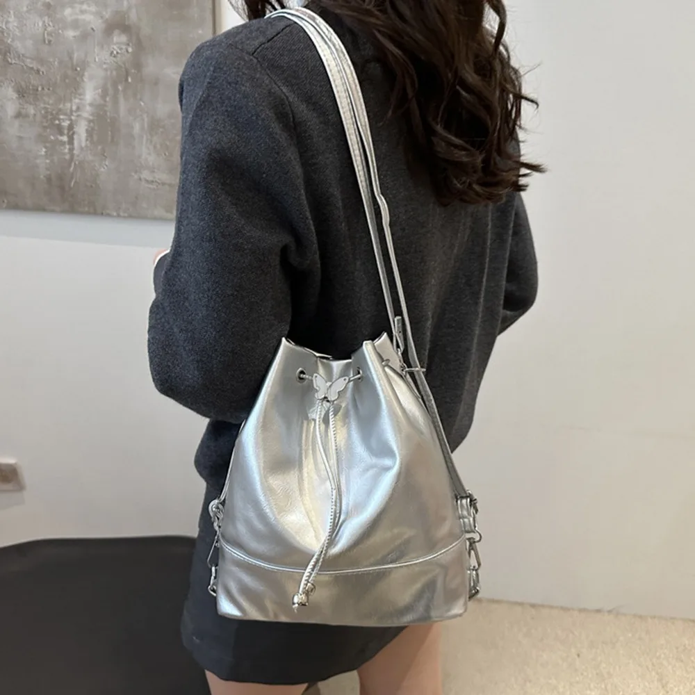 

Fashion Preppy Style PU Bowknot Backpack Sweet Leisure Drawstring Bucket Bag Large Capacity Casual Shoulder Bag Outdoor