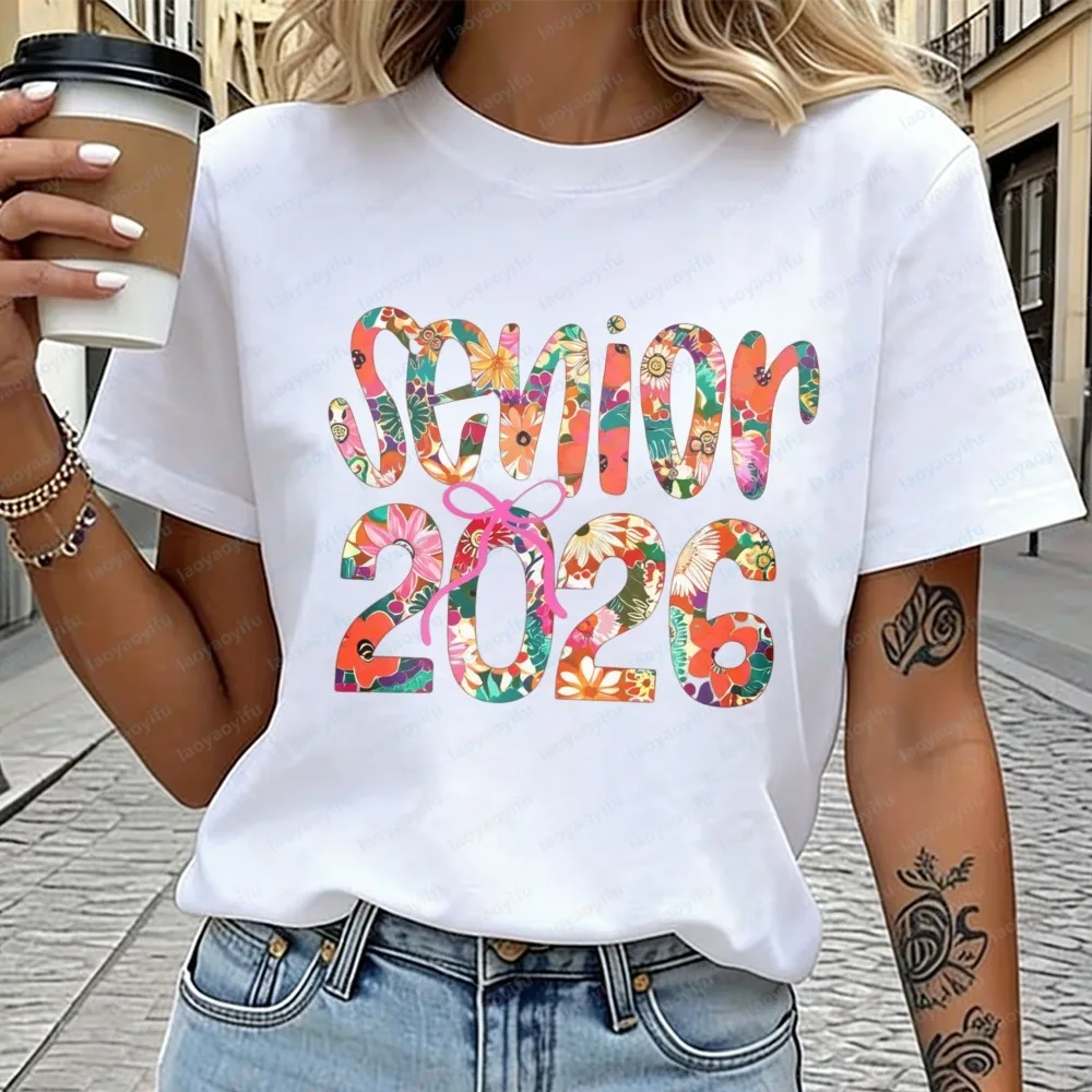 Senior 2026 Shirt Retro Graduate Gift Floral Senior 2026 Print Tshirt Women Cotton Tee Class of 2026 Graduation Party Street Top