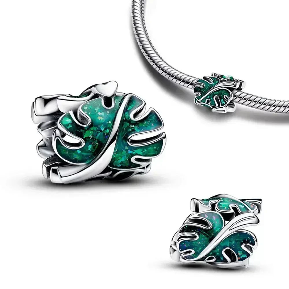 925 Sterling Silver Charm Green Monstera Leaves Charm Fit Bracelet Original Charm Bead for Jewelry DIY Making Gift