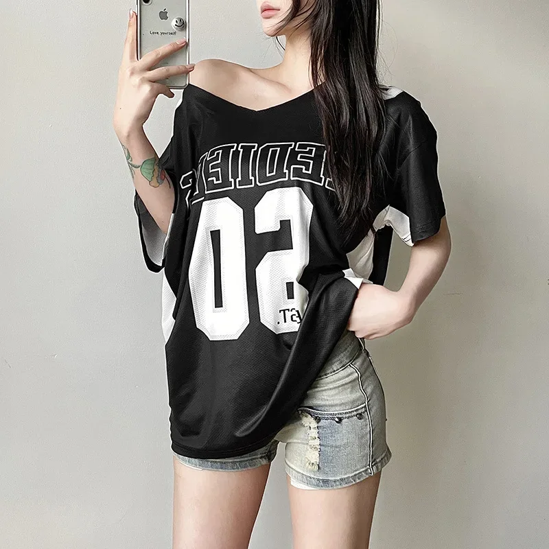 Y2k Aesthetic Summer Letter Printing T-shirts Harajuku Patchwork Loose Oversize Tops 2025 Women Harajuku Skew Collar Casual Tees